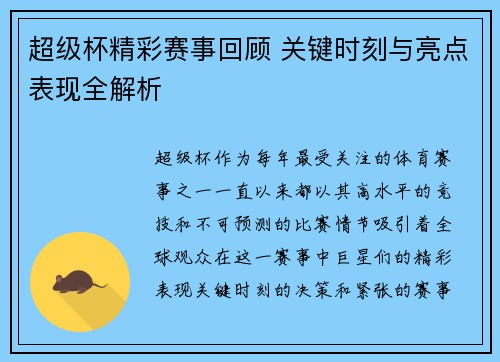 超级杯精彩赛事回顾 关键时刻与亮点表现全解析