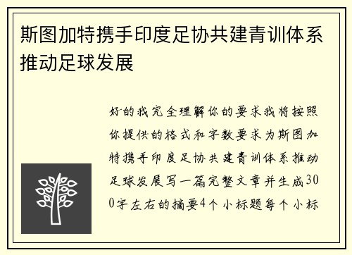 斯图加特携手印度足协共建青训体系推动足球发展