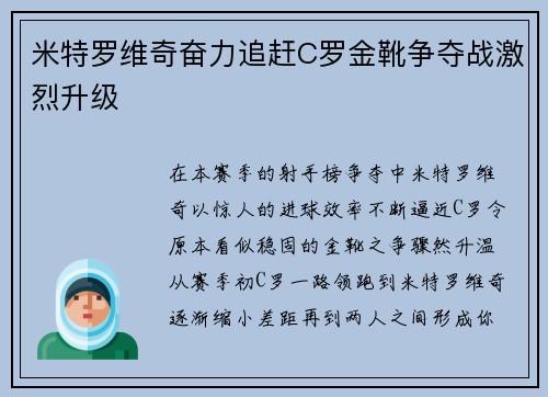 米特罗维奇奋力追赶C罗金靴争夺战激烈升级