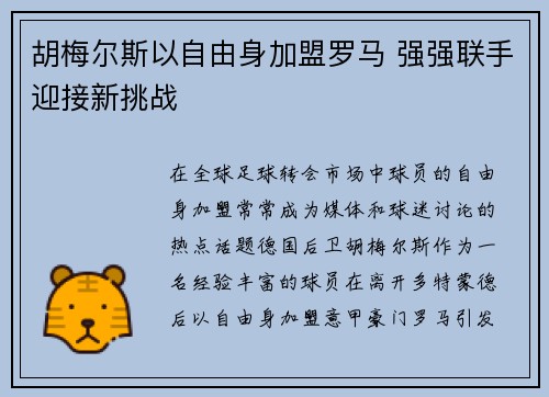 胡梅尔斯以自由身加盟罗马 强强联手迎接新挑战 胡梅尔斯以自由身加盟罗马 强强联手迎接新挑战